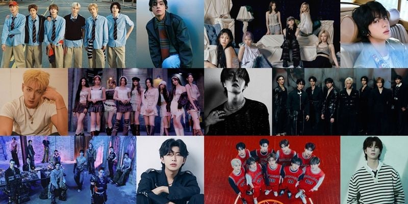 [사진 제공(아티스트명 가나다 순) = JYP엔터테인먼트(니쥬·스트레이 키즈·엔믹스), SM엔터테인먼트(라이즈), 빅히트 뮤직(방탄소년단 뷔·제이홉·진), TEAM 백호(백호), 플레디스엔터테인먼트(세븐틴), 물고기뮤직(임영웅), 쇼플레이엔터테인먼트(정동원), 웨이크원(제로베이스원)]