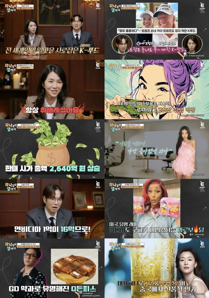 물고 뜯고 맛보고 즐기는 잡학 지식 차트쇼 '하나부터 열까지'에서 김치, 삼겹살, 치맥이 장성규ㆍ강지영이 선정한 'K-푸드 TOP3'로 선정됐다.  6일 방송된 티캐스트 E채널 '하나부터 열까지'에서는 '세계를 집어삼킨 K-푸드'를 주제로, '자양강장 MC' 장성규와 강지영이 불꽃 튀는 뇌피셜 차트 전쟁을 펼쳤다.  최근 K-콘텐츠의 열풍과 함께 한국 음식이 세계인의 미식 트렌드를 주도하고 있는 가운데, 두 MC는 "누가 진짜 K-푸드의 왕이냐"를 놓고
