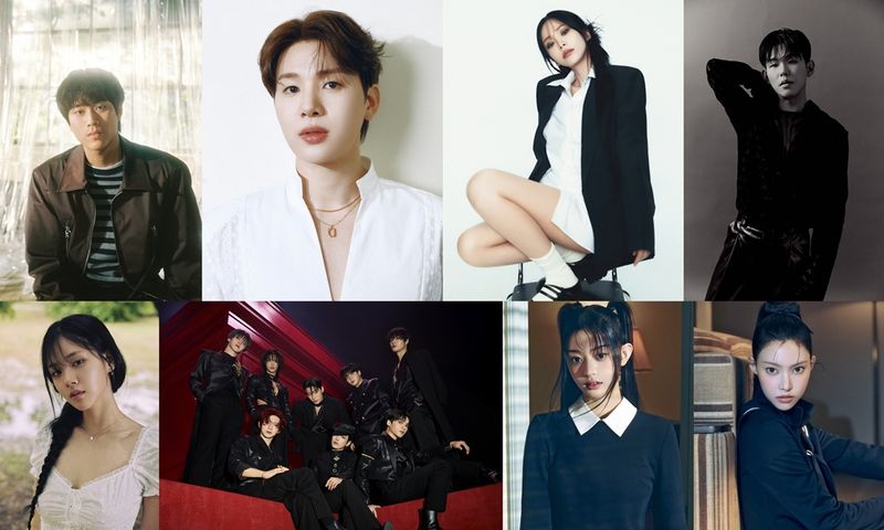 [사진 = 냠냠엔터테인먼트(포스터), 빅플래닛메이드엔터(이무진), 어비스컴퍼니(멜로망스 김민석), 피네이션(헤이즈), 와이예스 엔터테인먼트(폴킴), 필굿뮤직(비비), KQ엔터테인먼트(에이티즈), 빌리프랩(아일릿 윤아·민주) 제공]