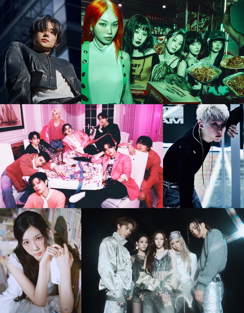 [사진 = 빅히트 뮤직(연준), 쏘스뮤직(르세라핌), JYP엔터테인먼트(스트레이 키즈), 플레디스 엔터테인먼트(호시), SM엔터테인먼트(태연), 더블랙레이블(올데이 프로젝트) 제공]