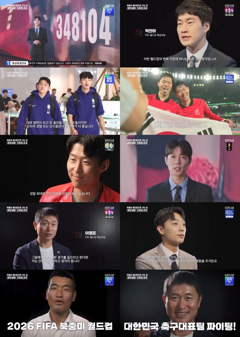 지상파 단독으로 이번 월드컵을 중계하는 KBS가 프리젠터 윤두준을 비롯해 해설위원 이영표X조원희X박찬하X정우원, 그리고 박선우 스포츠 기자, 최순호 감독과 함께 ‘2026 FIFA 북중미 월드컵’의 변화를 흥미롭게 풀어내며 관전포인트를 짚었다. 9일 밤 방송된 KBS 1TV 월드컵 특집 다큐멘터리 '북중미 월드컵으로 가는 길 : 코드네임 348104'에서는 ‘2026 FIFA 북중미 월드컵’을 완벽하게 설명하는 핵심 숫자의 조합 ‘348104’라는 코
