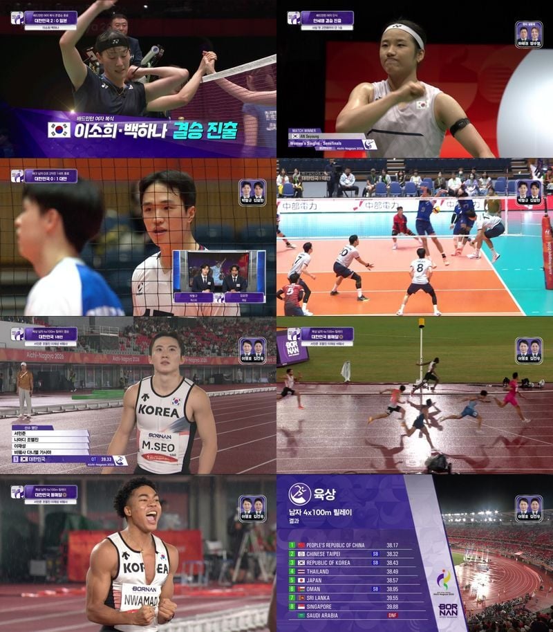 KBS가 중계한 ‘2026 아이치-나고야 아시안게임’에서 남자 육상 4X100m 계주 대표팀이 실격에서 기사회생하는 우여곡절 끝에 소중한 동메달을 목에 걸었다.  또한, 남자 배구 대표팀도 '버스 이슈'를 딛고 3대1로 대만을 꺾었다. 배드민턴 여자단식 세계랭킹 1위 안세영, 여자복식 이소희·백하나 팀의 결승 진출 현장 또한 생중계됐다.  28일(월) 이치노미야 시립체육관에서 열린 '2026 아이치-나고야 아시안게임' 배드민턴 여자단식 준결승은 하태권·